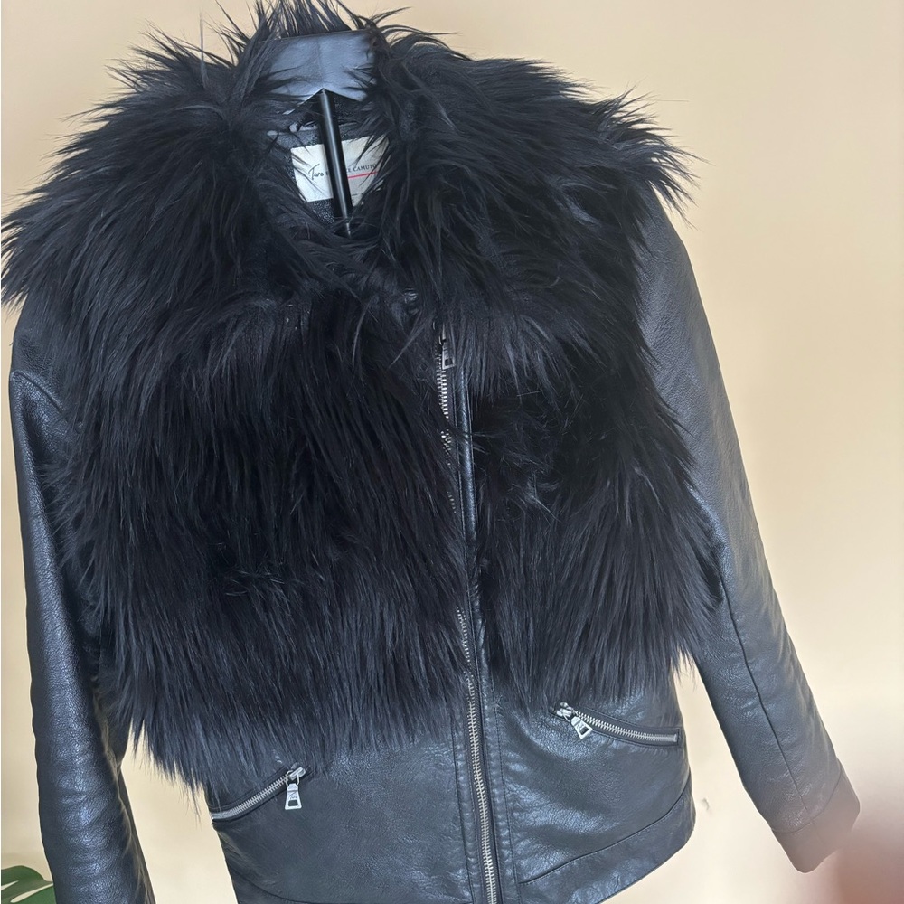 Two by Vince Camuto Black Leather Jacket with Faux Fur